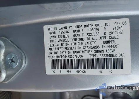 2008 Honda Accord 2.4 Lx-P from USA, damaged, VIN JHMCP26488C079506